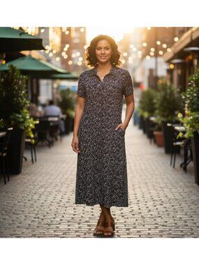 Studio AA Brown & White Printed Midi Dress Size 10 Short Sleeve Collared Button